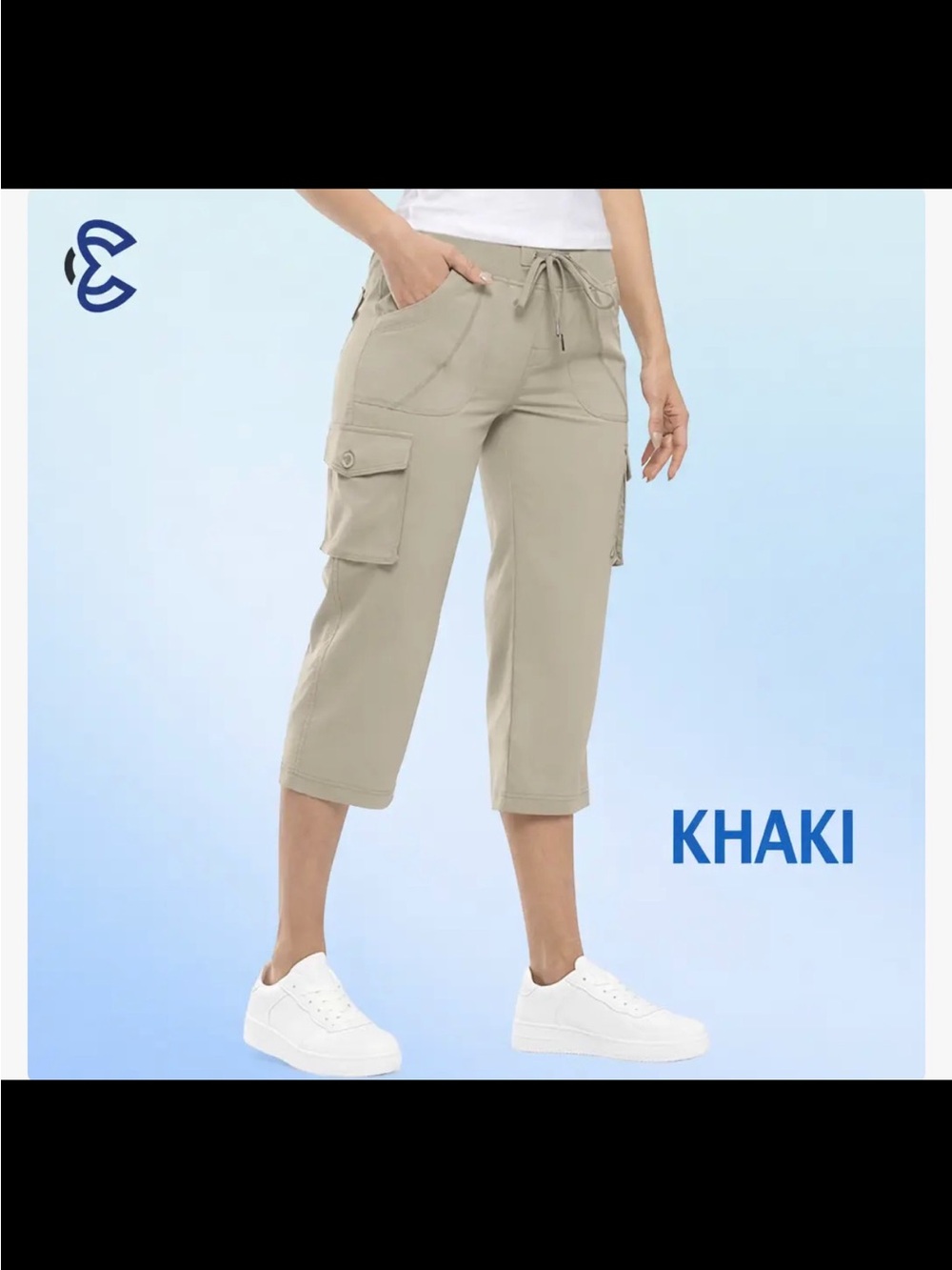 Khaki Cargo Capri Pants for Women - Drawstring Waist
